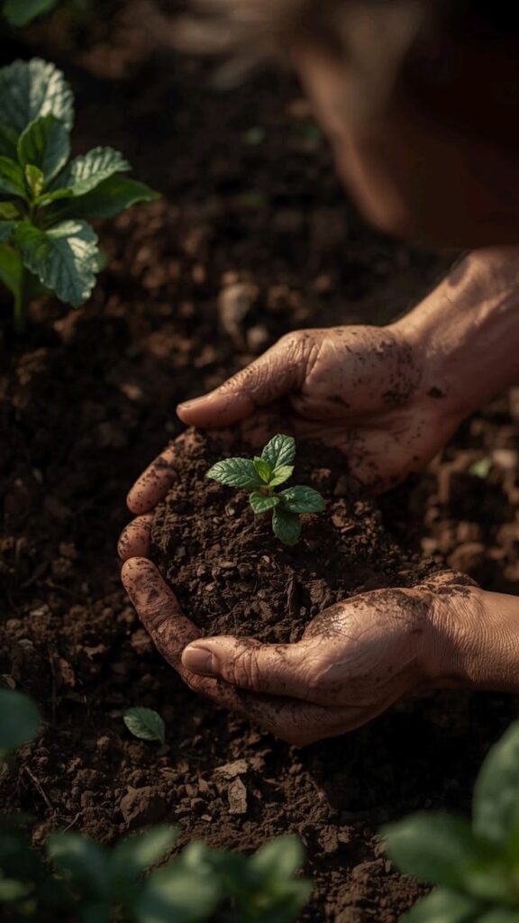 mains, qui plante des graine dans un jardin potager
