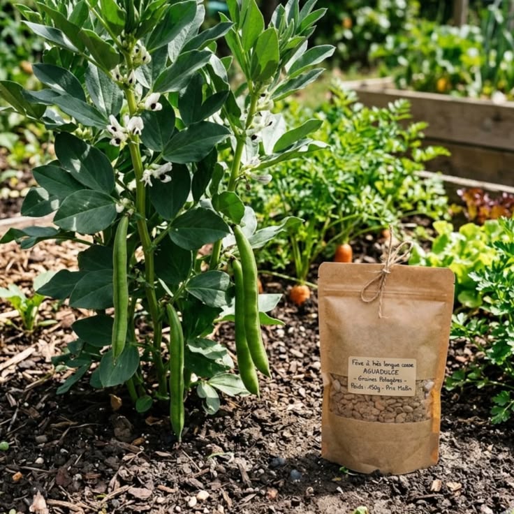 Sachet de semences bio posé dans un potager avec des plants de fèves vertes.